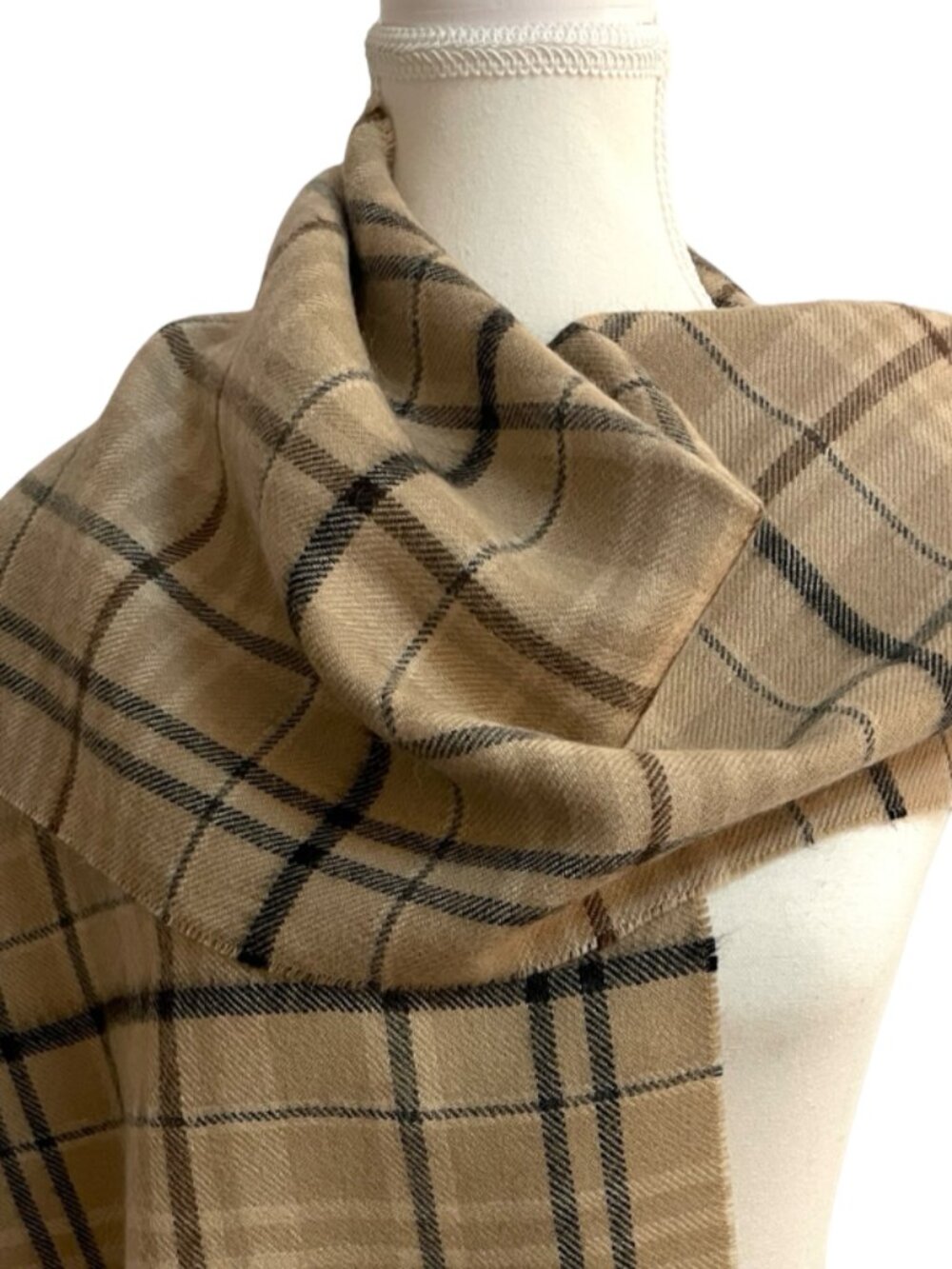 Wayra 100% Baby Alpaca Scarf Beige Tan Black Plaid Made in Peru 12 x 70
